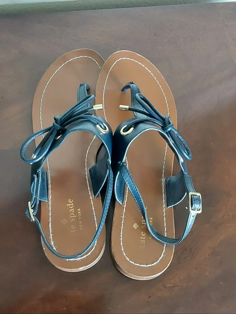 kate spade Black Strappy  Carolina Leather Thong Sandals with Brown Footbed